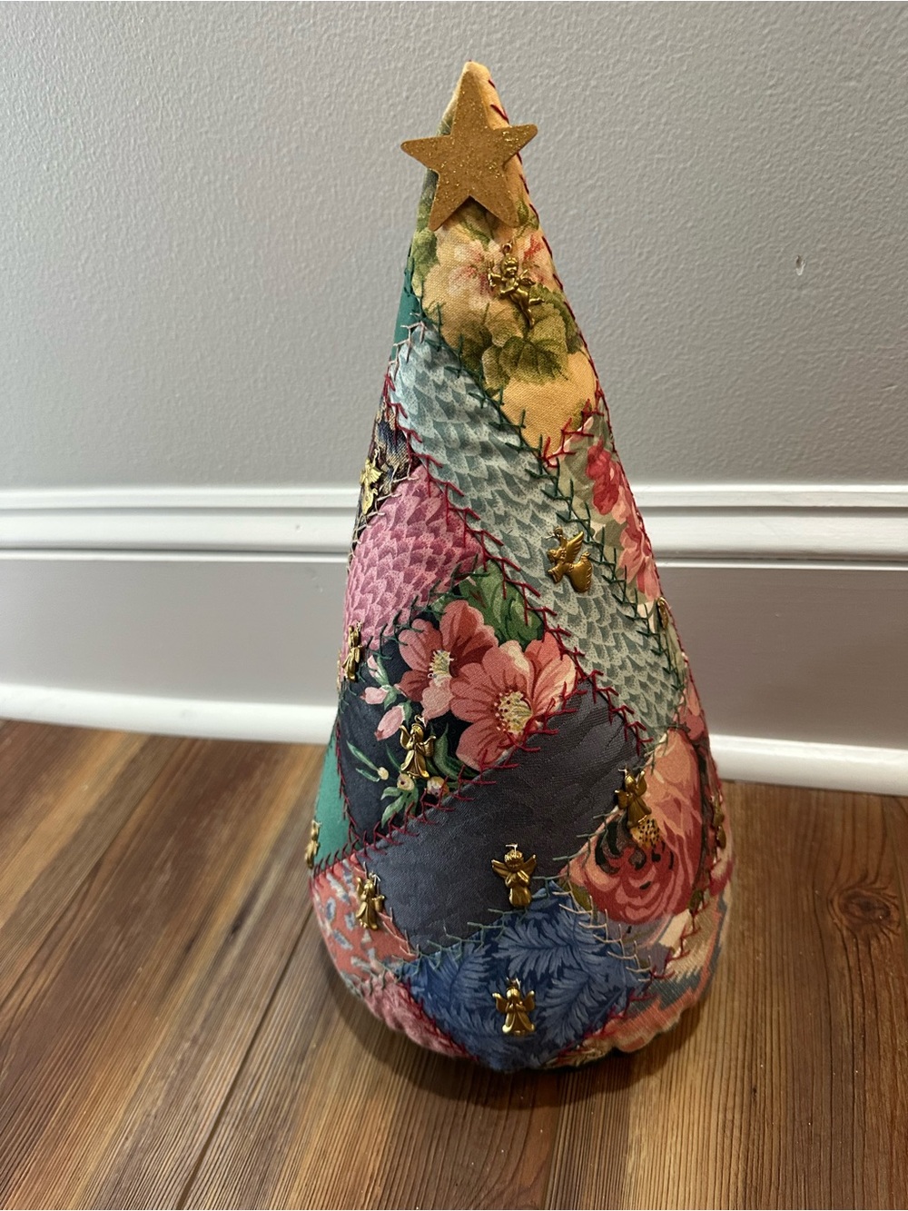 Vintage Handmade Patchwork Fabric Christmas Tree w/ Angel Charms